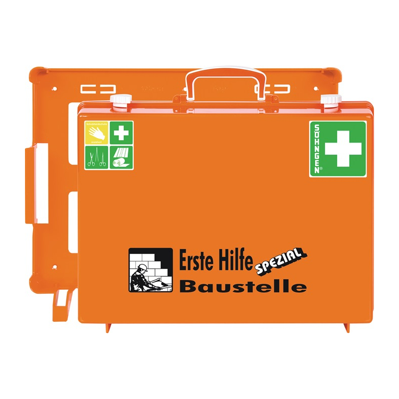 Erste Hilfe Koffer SPEZIAL Baustelle, DIN 13157-2021 mit Zusatzbefüllung, orange, mit Wandhalterung, mobil und stationär einsetzbar