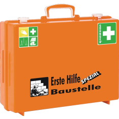 Erste Hilfe Koffer SPEZIAL Baustelle, DIN 13157-2021 mit Zusatzbefüllung, orange, mit Wandhalterung, mobil und stationär einsetzbar